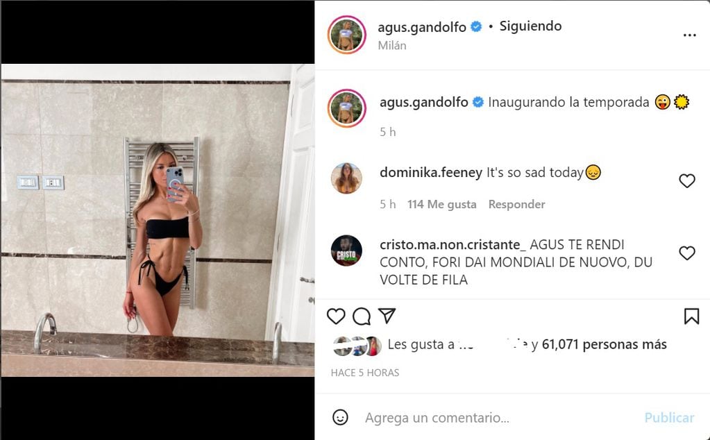 Agustina Gandolfo disfruta del calorcito de Milán.