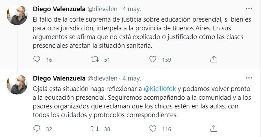 Los tuits de Diego Valenzuela, intendente de Tres de Febrero