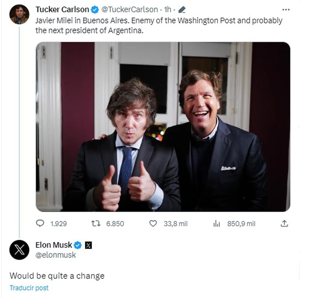 La respuesta de Elon Musk a la foto de Carlson con Milei.