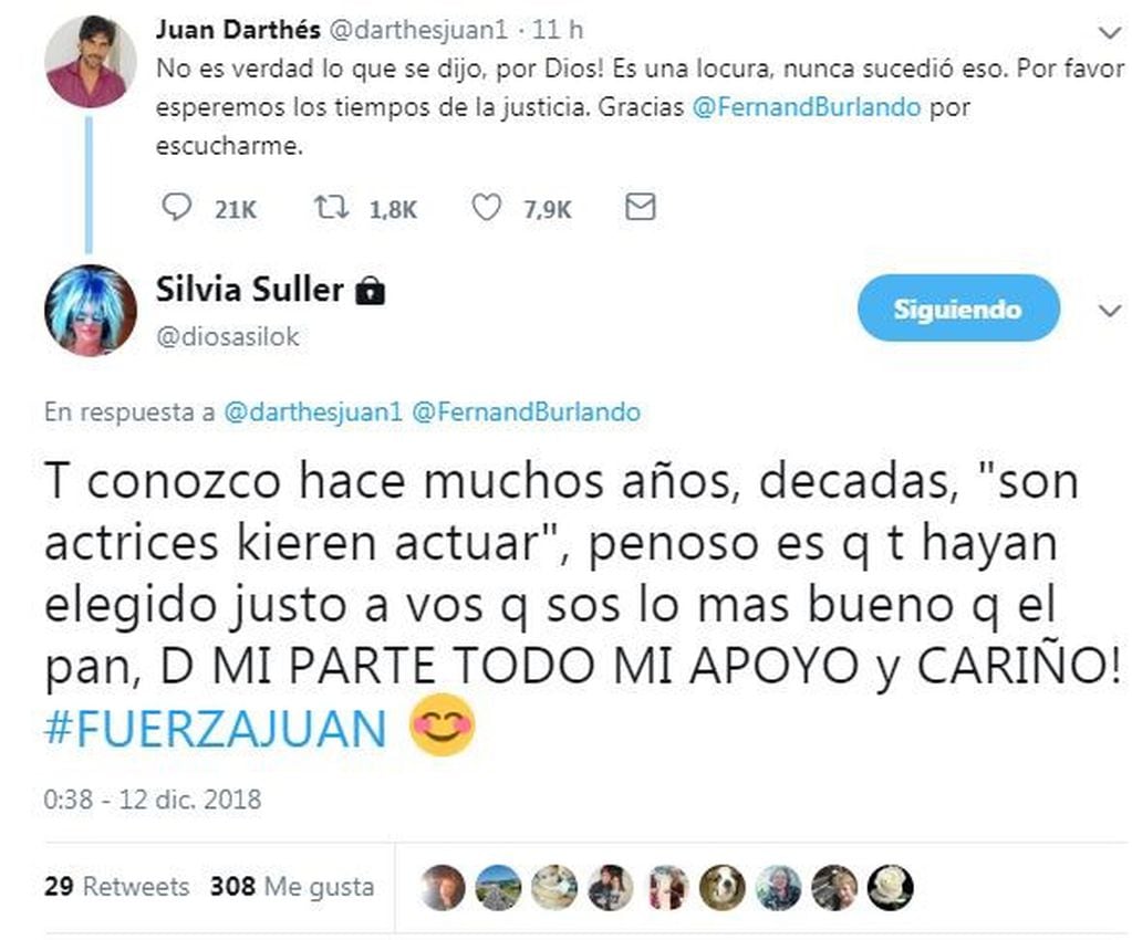 Silvia Süller bancó a Juan Darthés en Twitter.