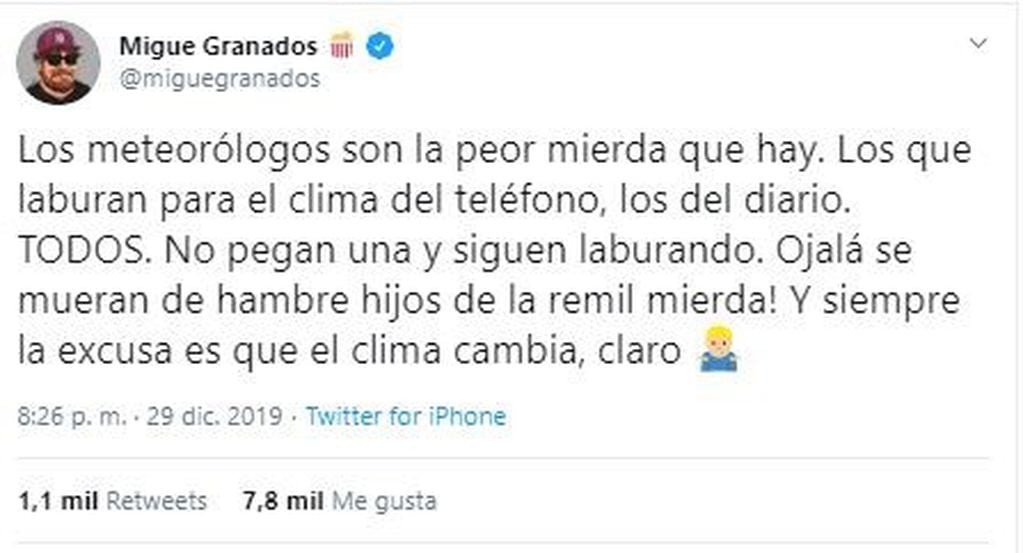 El duro mensaje de Migue Granados contra los meteorólogos (Captura de Twitter/ @miguegranados)