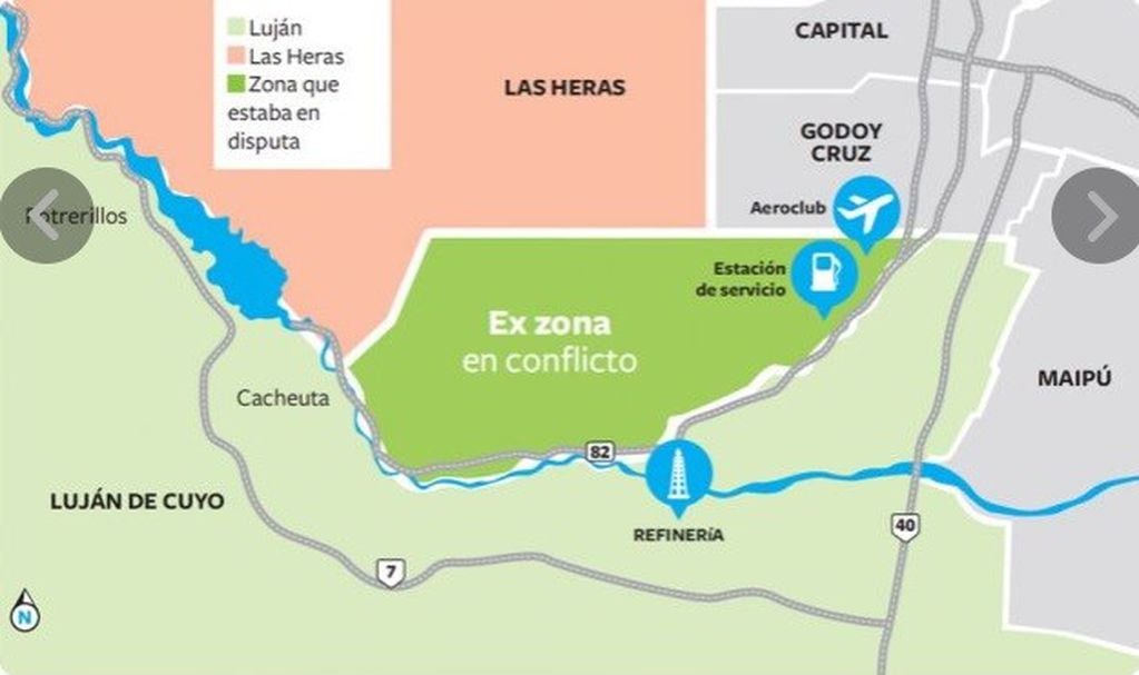 Mapa del conflicto entre Las Heras y Luján de Cuyo.