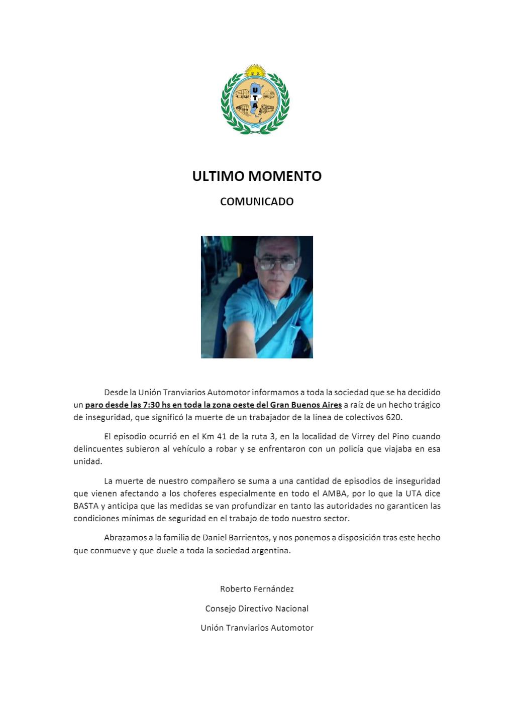 El comunicado de la UTA tras el asesinato de Daniel Barrientos.