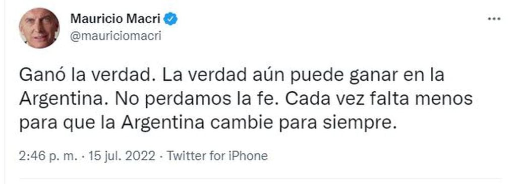 El tuit de Mauricio Macri expresando su convencimiento ante el fallo de la Cámara Federal porteña.