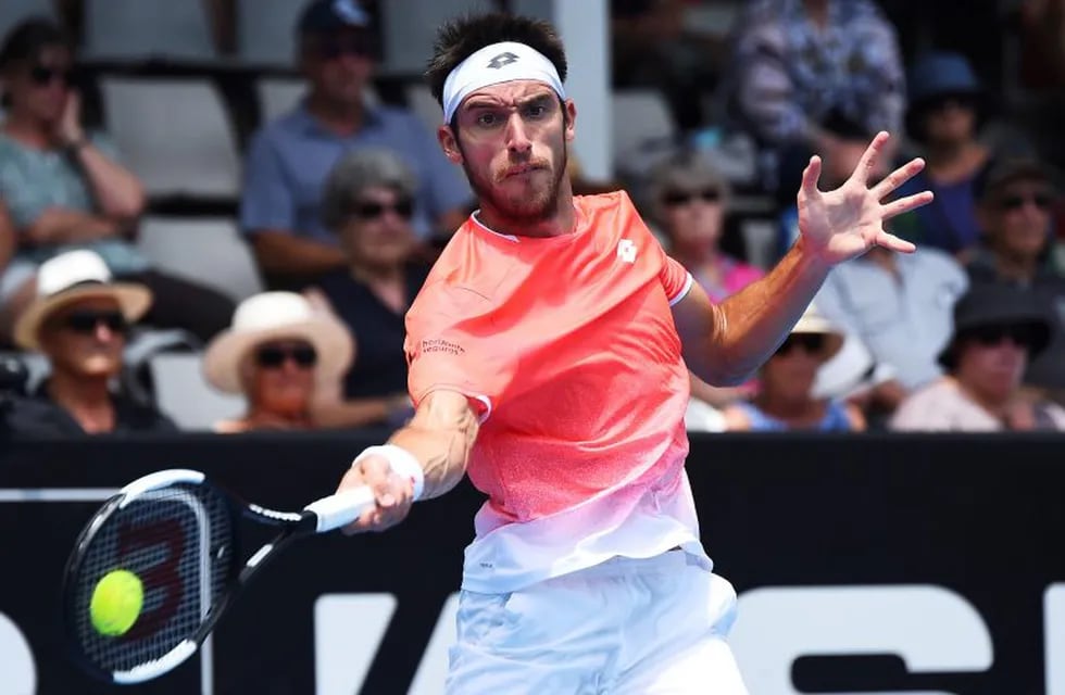 Leonardo Mayer of Argentina plays a shot to Tennys Sandgren of the U.S. during the quarterfinal of the ASB Classic Mens tennis tournament in Auckland, New Zealand, Thursday, Jan. 10, 2019. (AP Photo/Chris Symes)