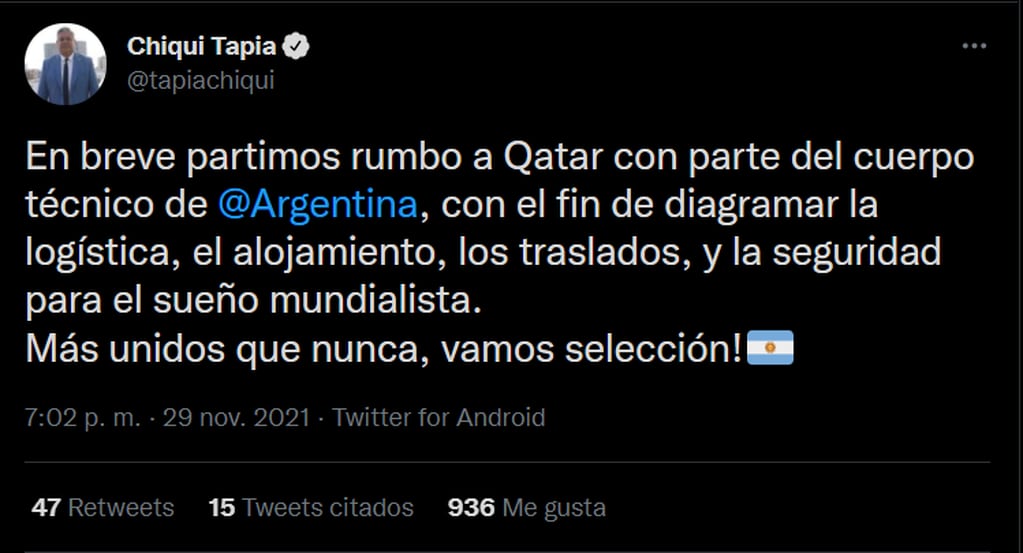 Claudio "Chiqui" Tapia anunció en redes sociales que viajará a Qatar para encontrar la sede para el Mundial
