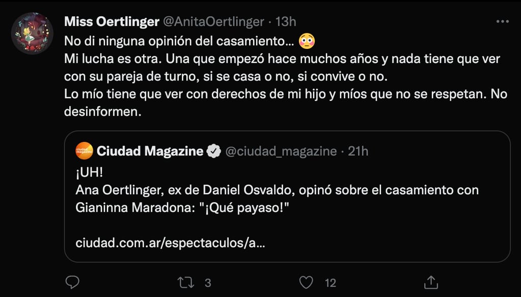 El tuit de la ex de Daniel Osvaldo sobre el casamiento del cantante con Gianinna Maradona.