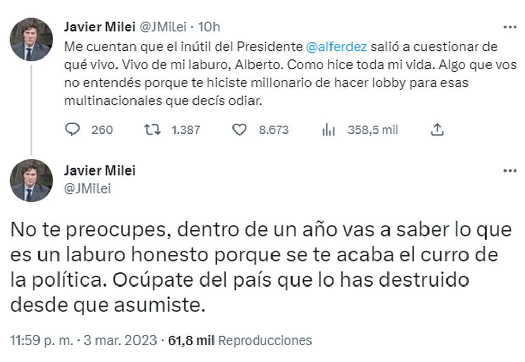 Javier Milei le contestó a Alberto Fernández.