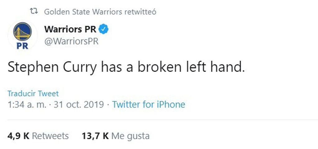 Los Warriors confirmaron la fractura de Curry (Foto: captura Twitter)