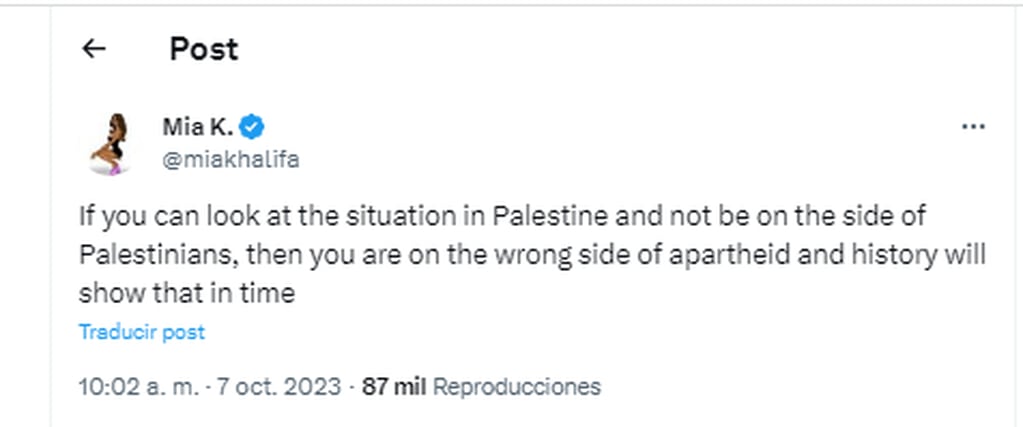 Atentado a Israel: Mia Khalifa manifestó su opinión y mostró su apoyo a Palestina