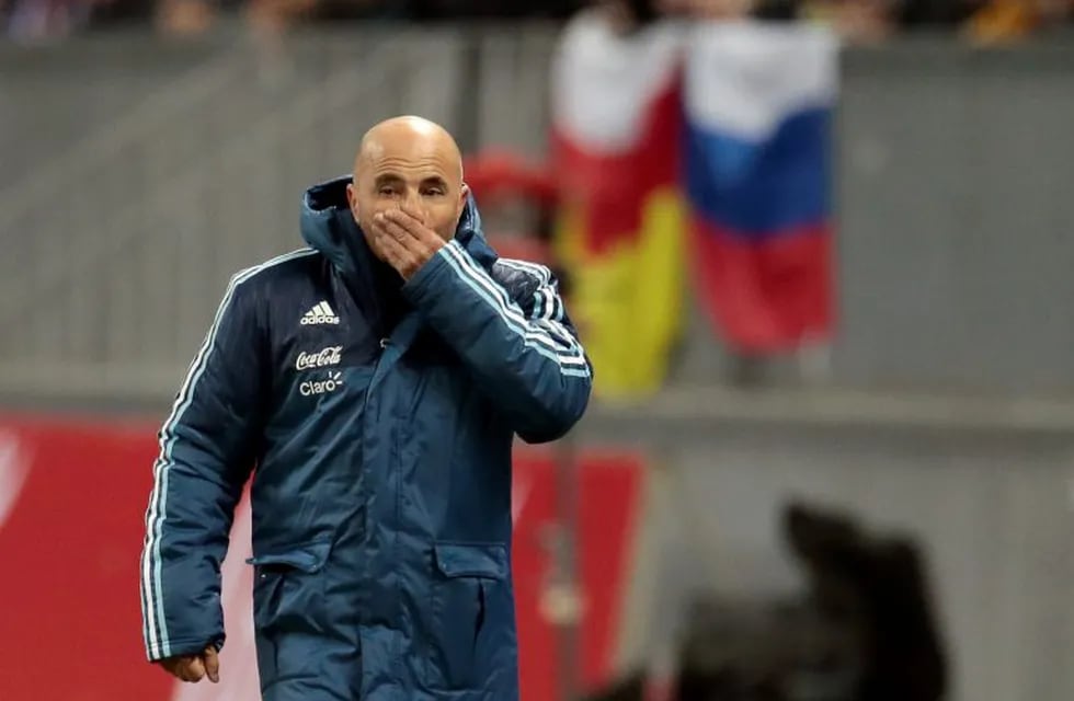 Argentina's coach Jorge Sampaoli reacts during their international friendly soccer match between Russia and Argentina at Luzhniki stadium in Moscow, Russia, Saturday, Nov. 11, 2017. (AP Photo/Ivan Sekretarev)