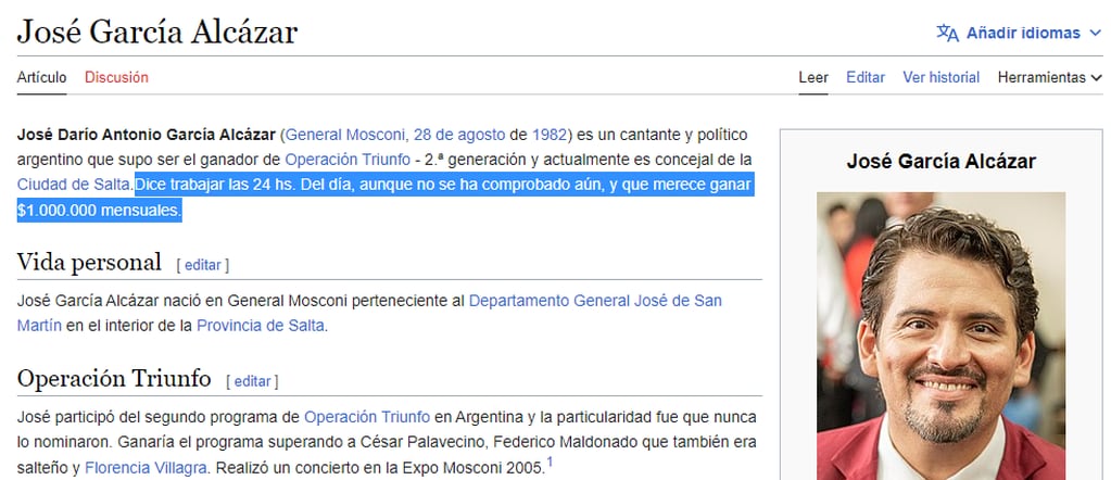 Tras dar a conocer el sueldo de José García, cambiaron la descripción en Wikipedia del perfil del concejal salteño.