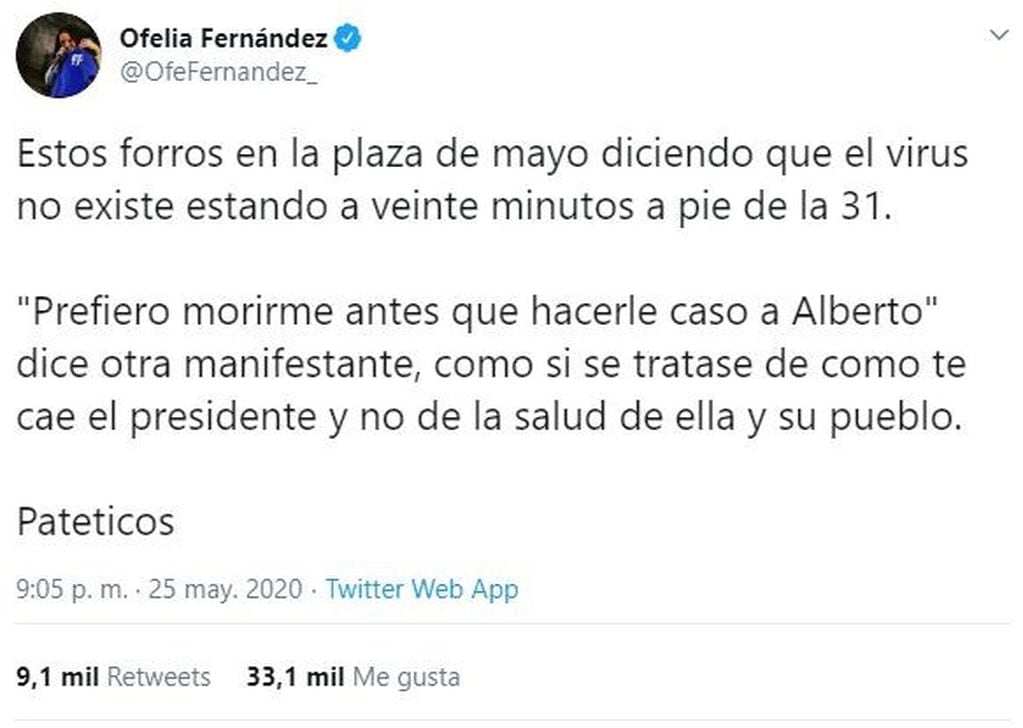 El exabrupto de Ofelia Fernández contra quienes protestaron en rechazo a la cuarentena. (Twitter/@OfeFernandez_)