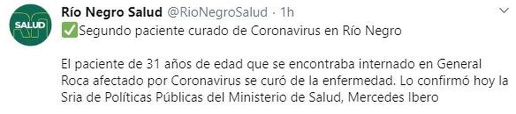 Parte oficial del gobierno de Río Negro a través de Twitter (web).
