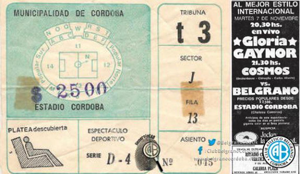Las entrada que se utilizó en el partido entre Belgrano y el Cosmos con el anuncio de Gloria Gaynor que hizo el show en la previa
