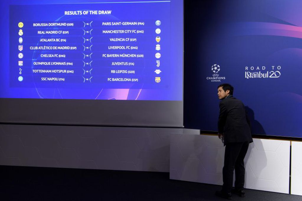 Nyon (Switzerland Schweiz Suisse), 16/12/2019.- General view of an electronic panel depicting the match fixtures during the UEFA Champions League 2019/20 round of 16 draw ceremony at the UEFA Headquarters in Nyon, Switzerland, 16 December 2019. (Liga de Campeones, Suiza) EFE/EPA/LAURENT GILLIERON
