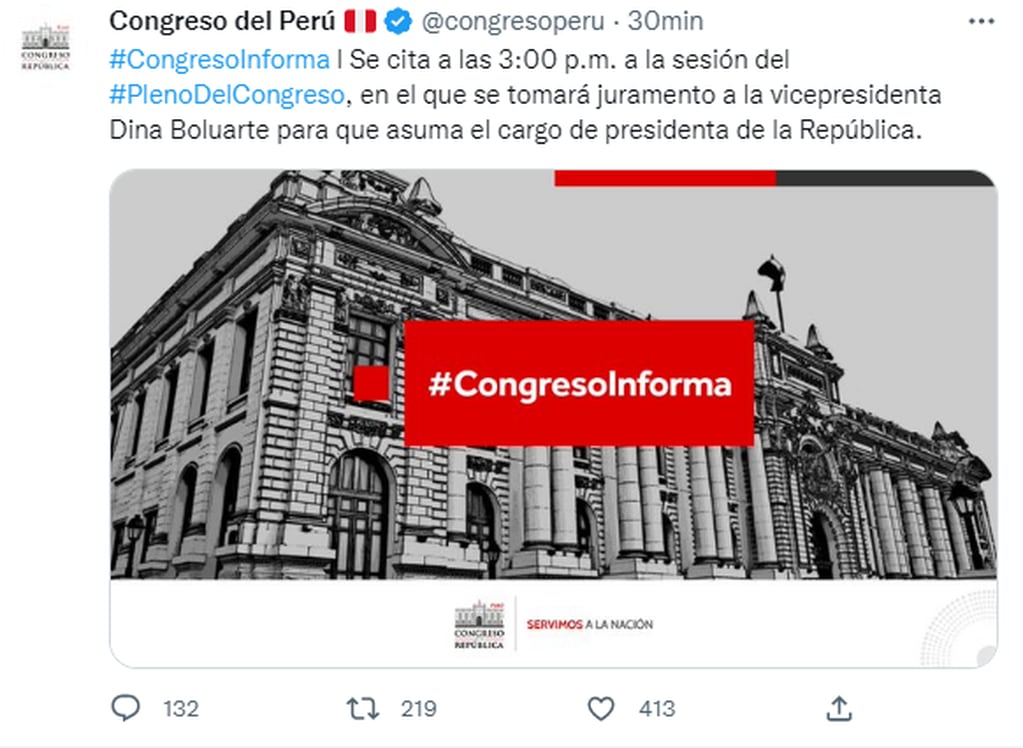 El Congreso de Perú llamó a la vicepresidenta para que jure como jefa de Estado