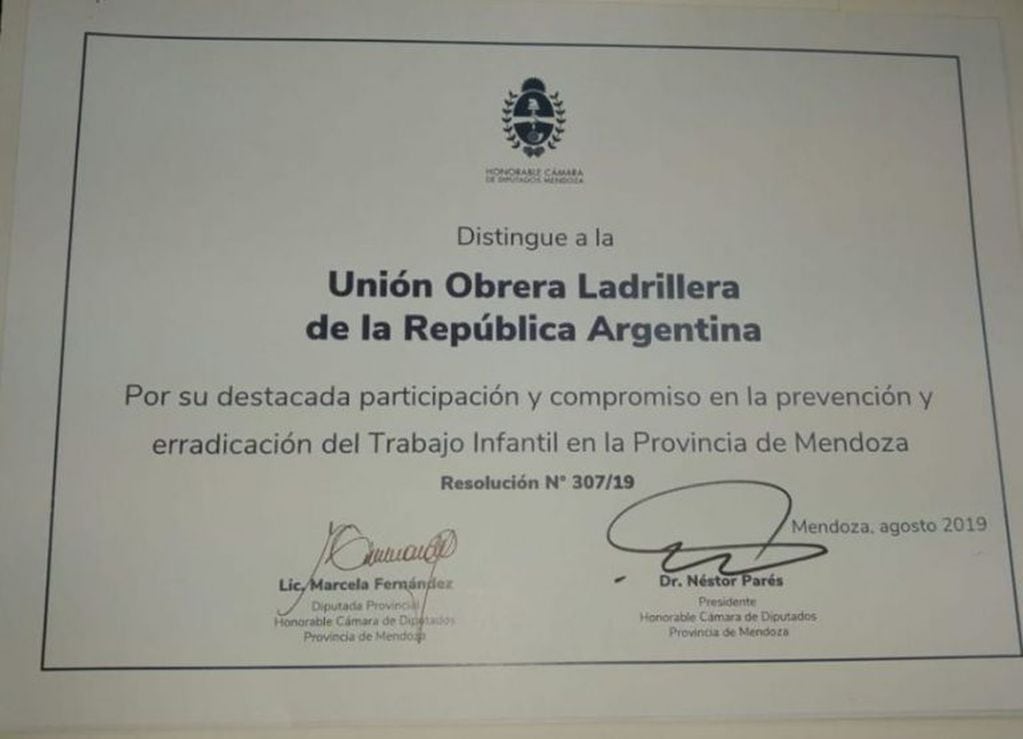 La Cámara de Diputados de la provincia de Mendoza distinguió a la Unión Obrera Ladrillera.