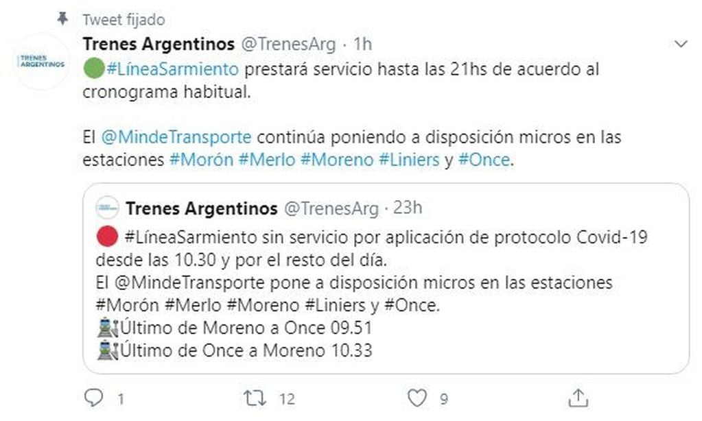 Cronograma del tren Sarmiento. (Twitter)