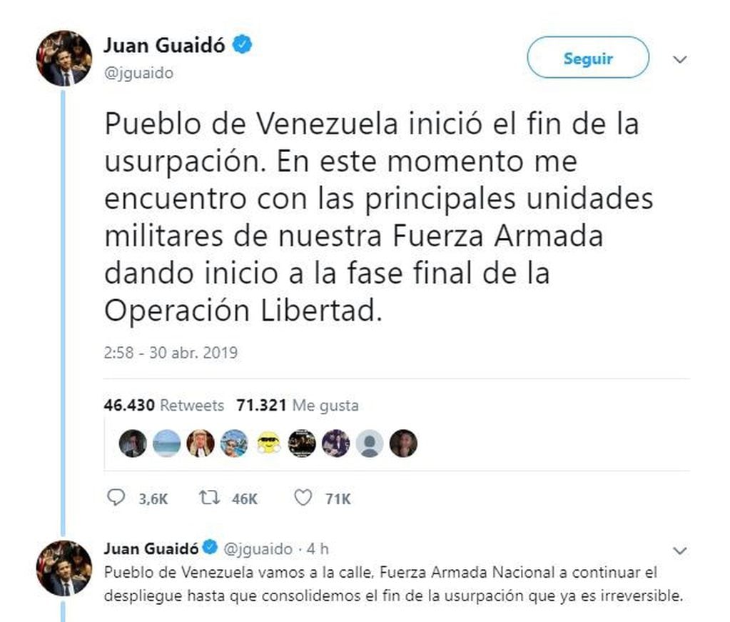 El líder opositor Juan Guaidó anunció el inicio de la Operación Libertad rodeado de militares