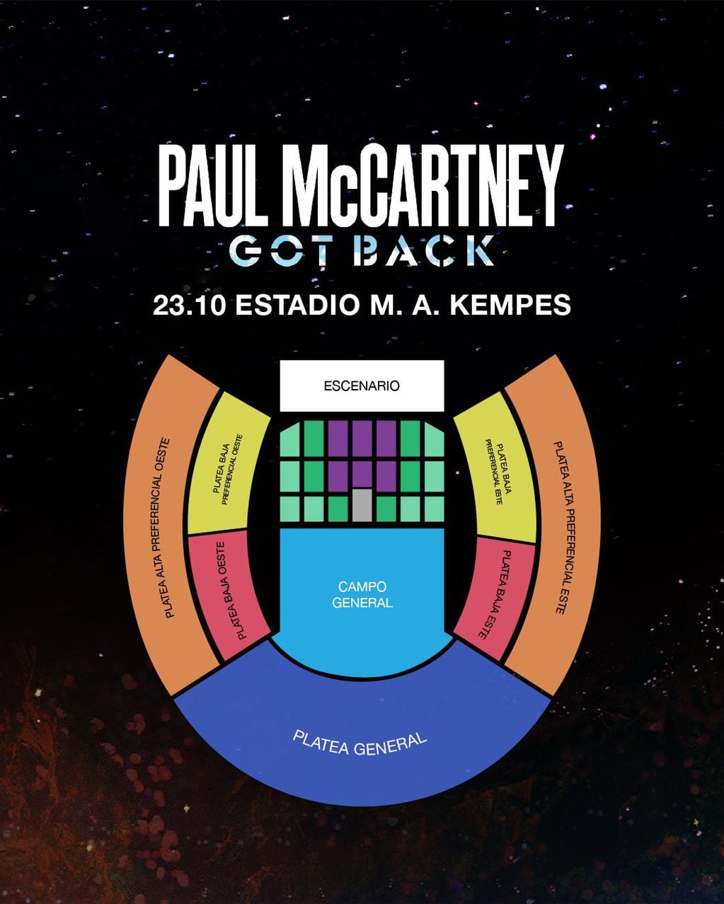 Ubicaciones del show de Paul McCartney en el Kempes. (Captura)