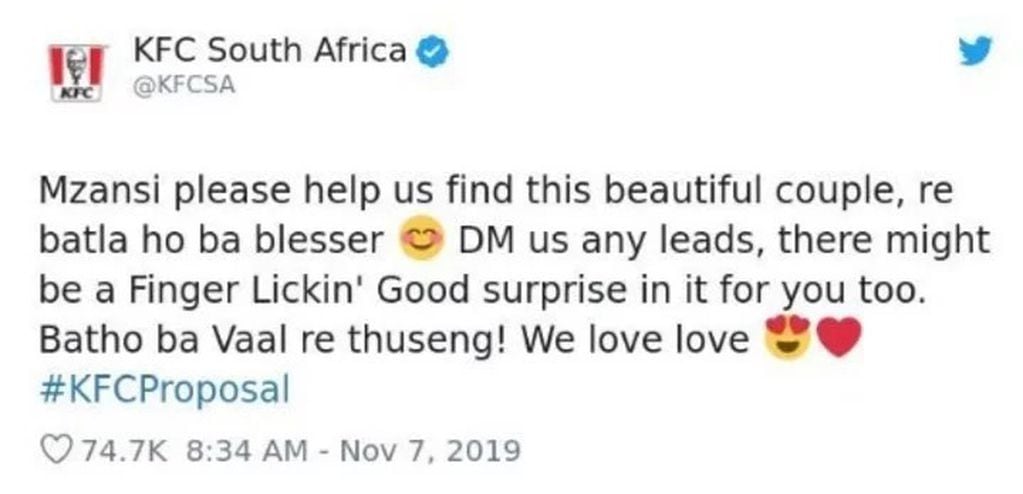 KFC publicó un mensaje pidiendo encontrar a la pareja que se comprometió en su local, lo hizo y ahora les consiguió el casamiento de sus sueños (Foto: Captura de Twitter)