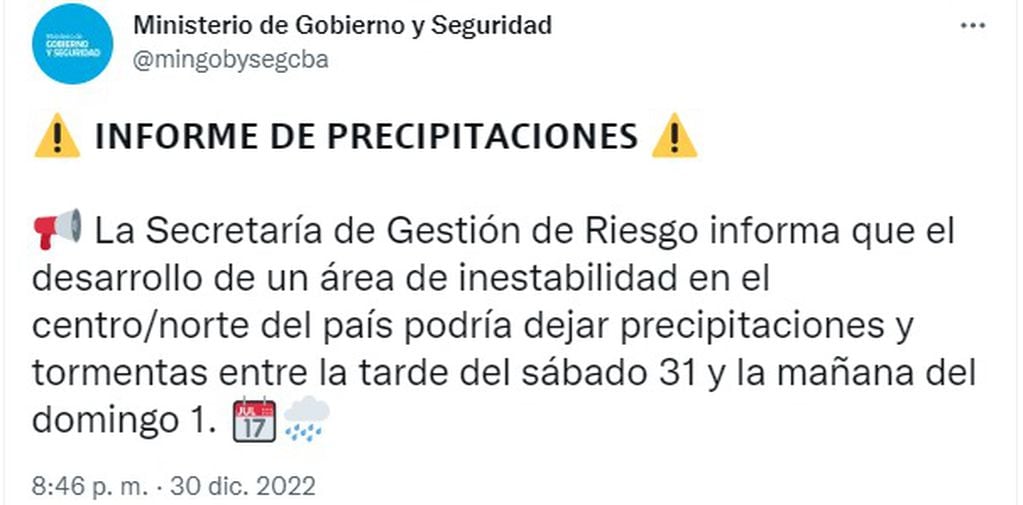 Las autoridades provinciales alertaron sobre fuertes lluvias en Córdoba.