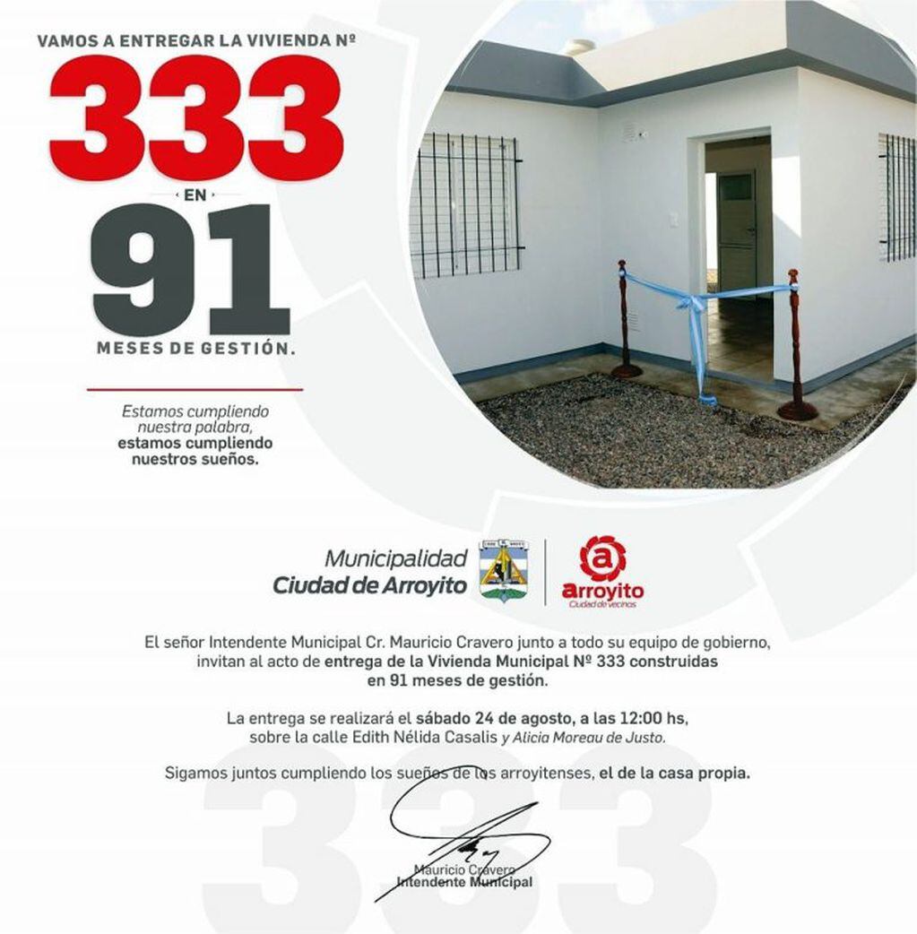 Vivienda 333 en 91 meses de gestion en Arroyito