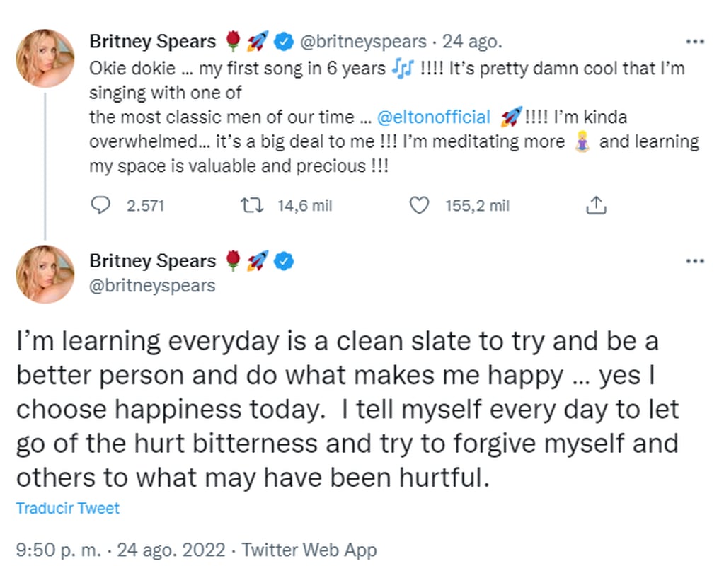 Britney Spears a través de su cuenta de Twitter tras el lanzamiento de "Hold me closer".