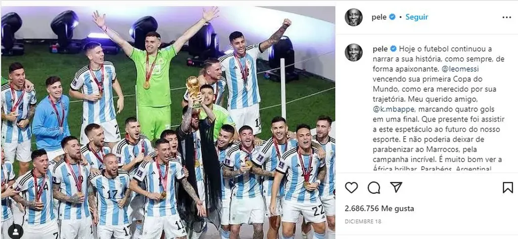 El último posteo de Pelé en Instagram, felicitando a la Selección Argentina por haber salido campeón mundial.