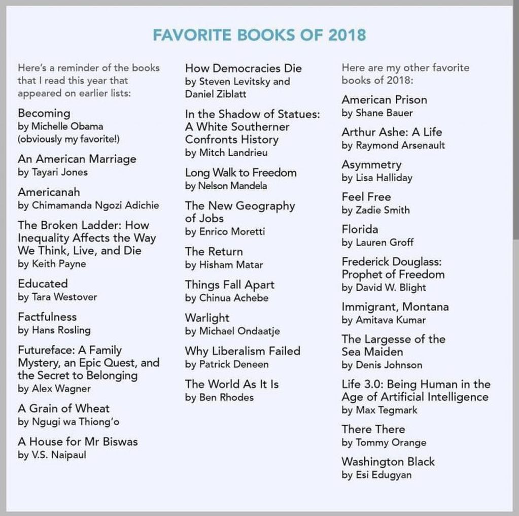 Barack Obama eligió sus libros, películas y canciones favoritas del 2018
