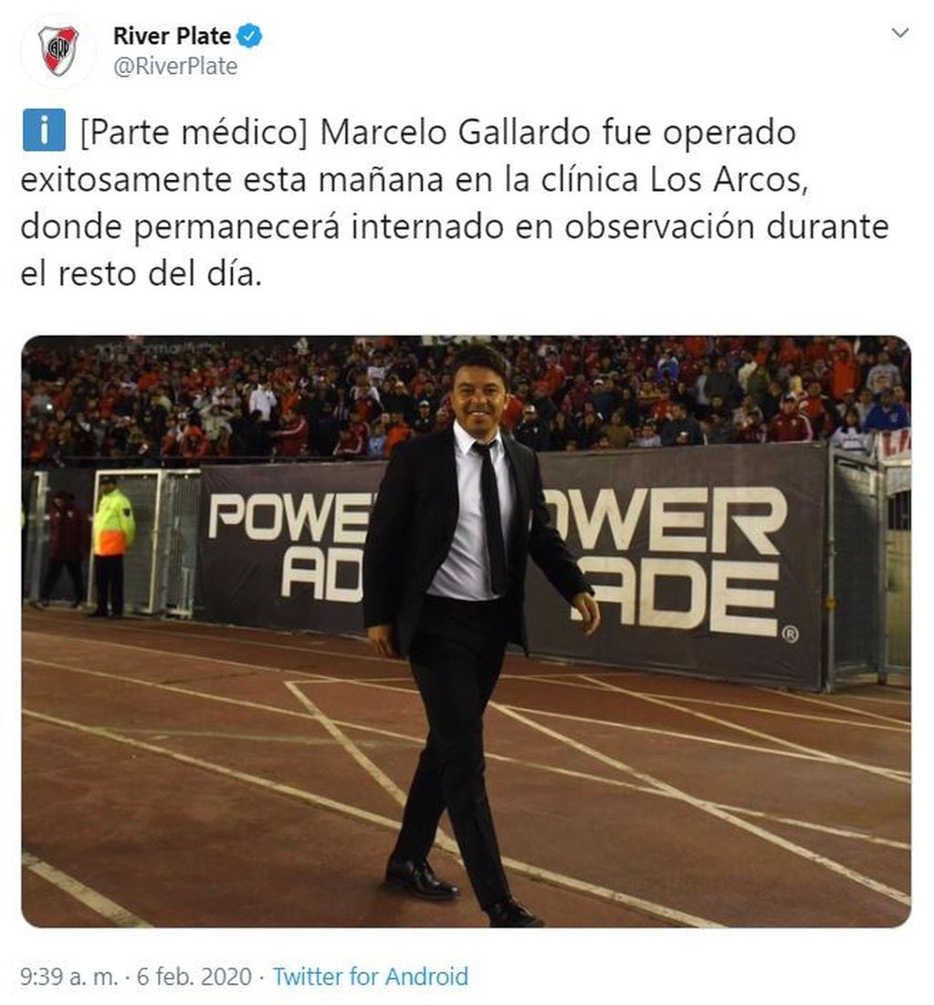 La publicación oficial de River tras la intervención quirúrgica de Marcelo Gallardo (Foto: captura Twitter)