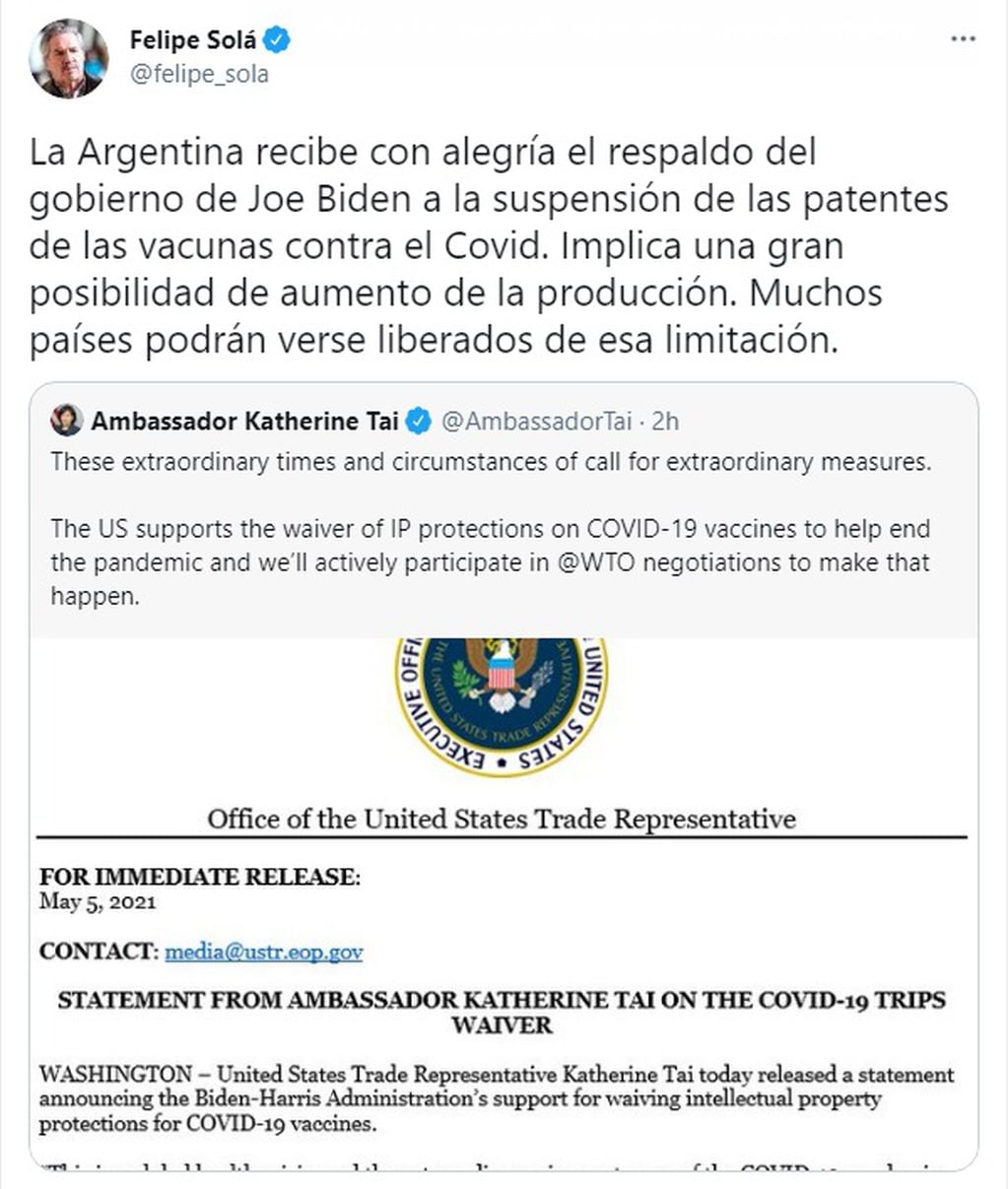 Felipe Solá celebró el apoyo de Estados Unidos a la liberación de las patentes de las vacunas contra el coronavirus (Twitter: @felipe_sola)