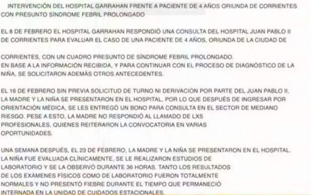 El comunicado del Hospital Garrahan por el caso de Isabella, la niña de Corrientes.
