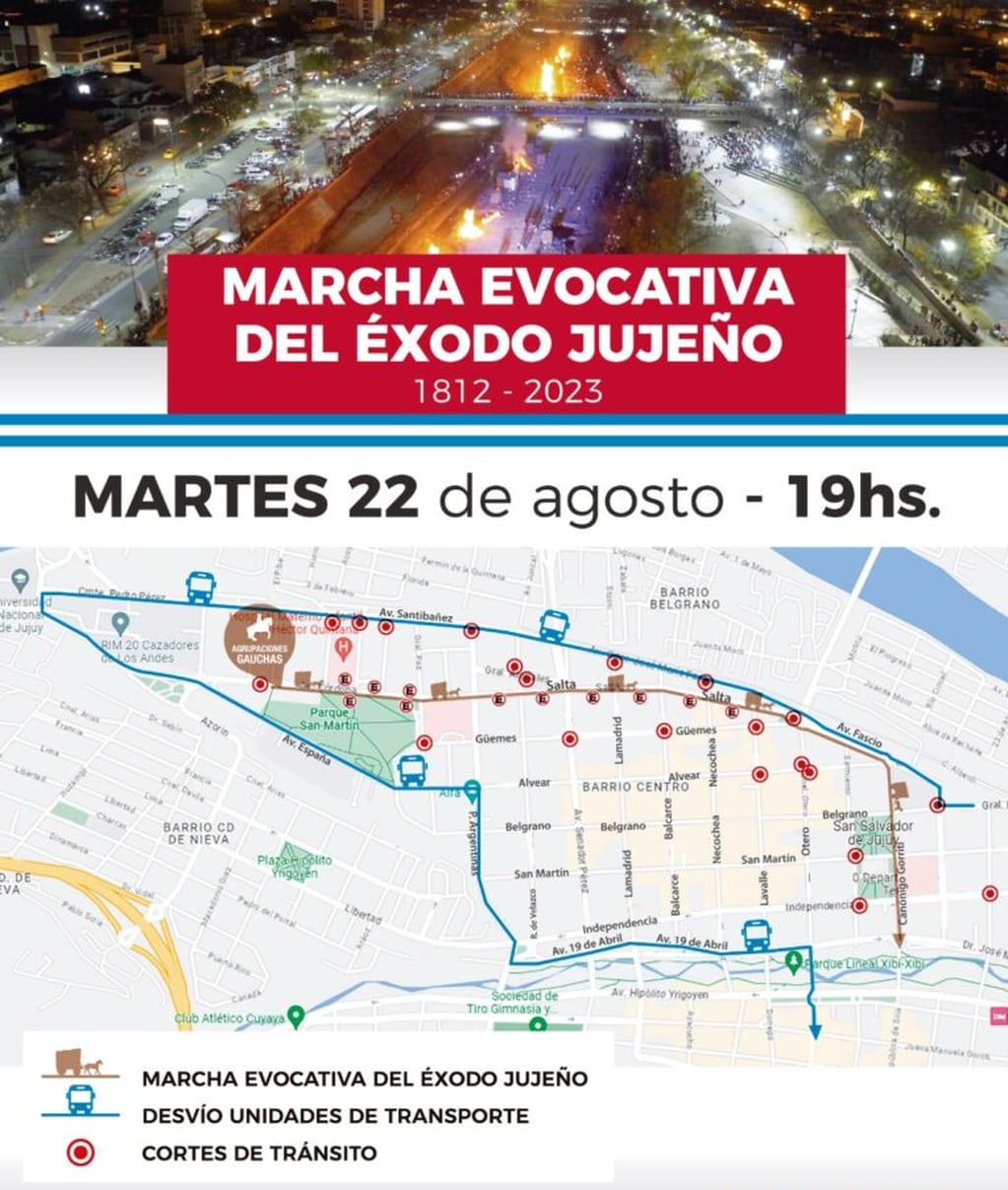 Gráfico que muestra el trayecto diagramado para la Marcha Evocativa del Éxodo Jujeño, a realizarse este martes en San Salvador de Jujuy.