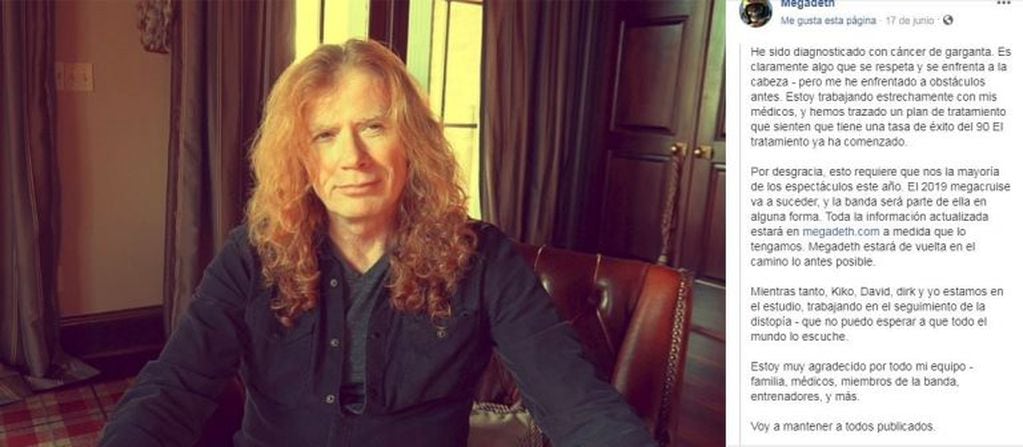 Dave Mustaine, líder de la banda Megadeth, informó que fue diagnosticado con cáncer de garganta.