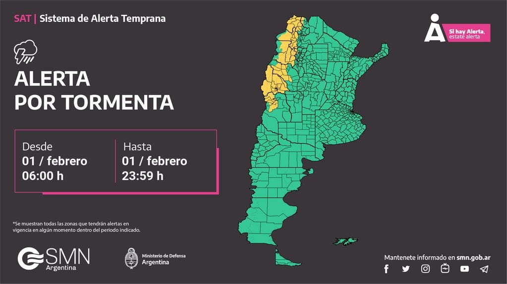 Sistema de Alerta Temprana, color amarilo en Mendoza.