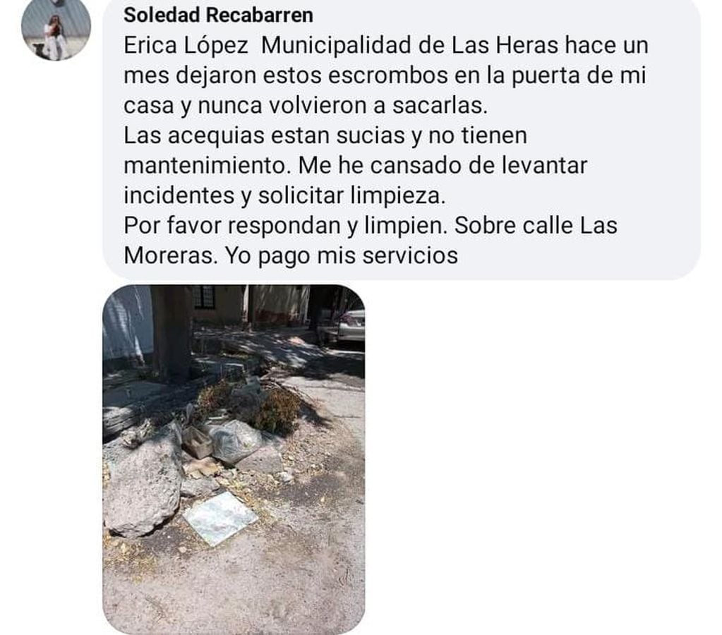 Parte de los reclamos por Facebook de vecinos de Las Heras.