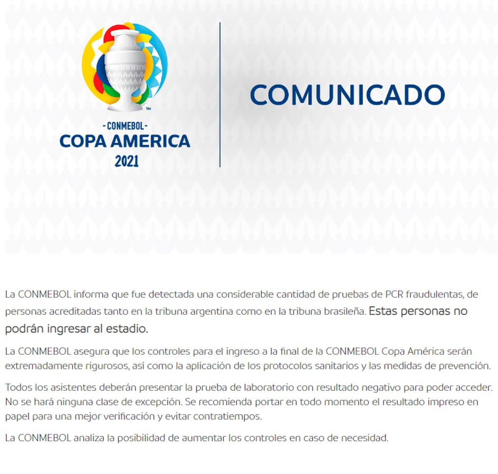 Copa América: la Conmebol detectó pruebas fraudulentas de PCR en espectadores acreditados