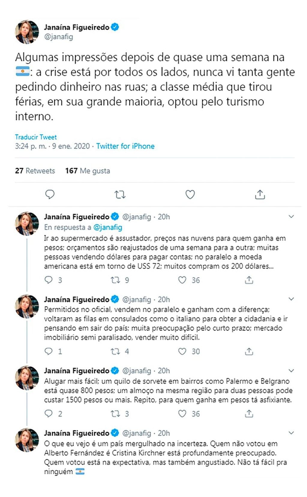 La periodista brasileña Janaína Figueiredo analizó en Twitter cómo viven los argentinos en medio de la crisis económica (Foto: Twitter/ @janafig)