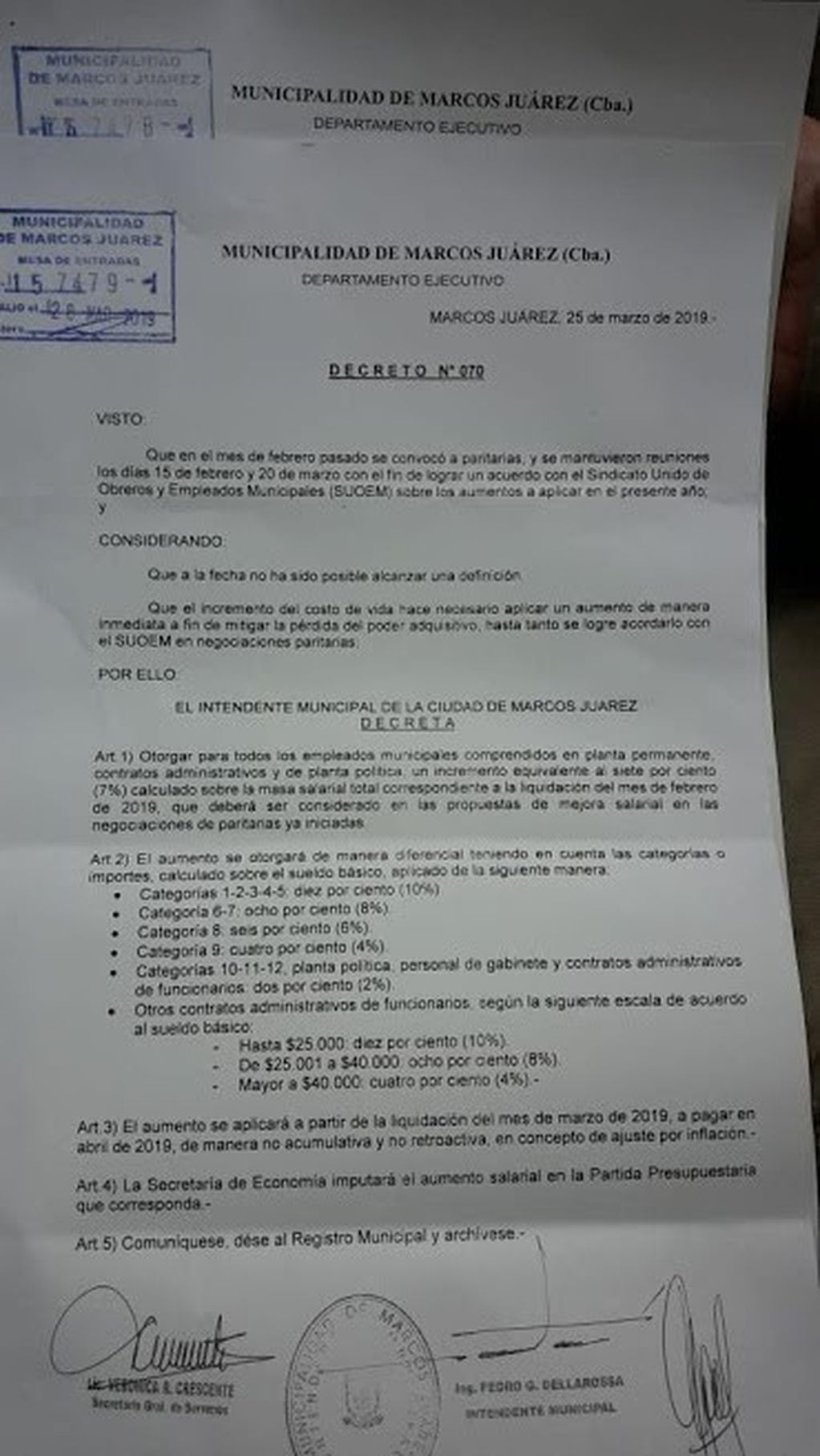 Decreto Municipal N° 070.