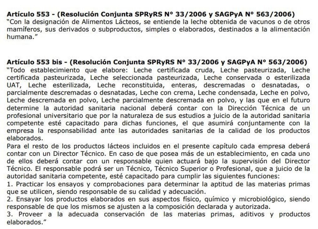 El Artículo 553 del Código Alimentario Argentino