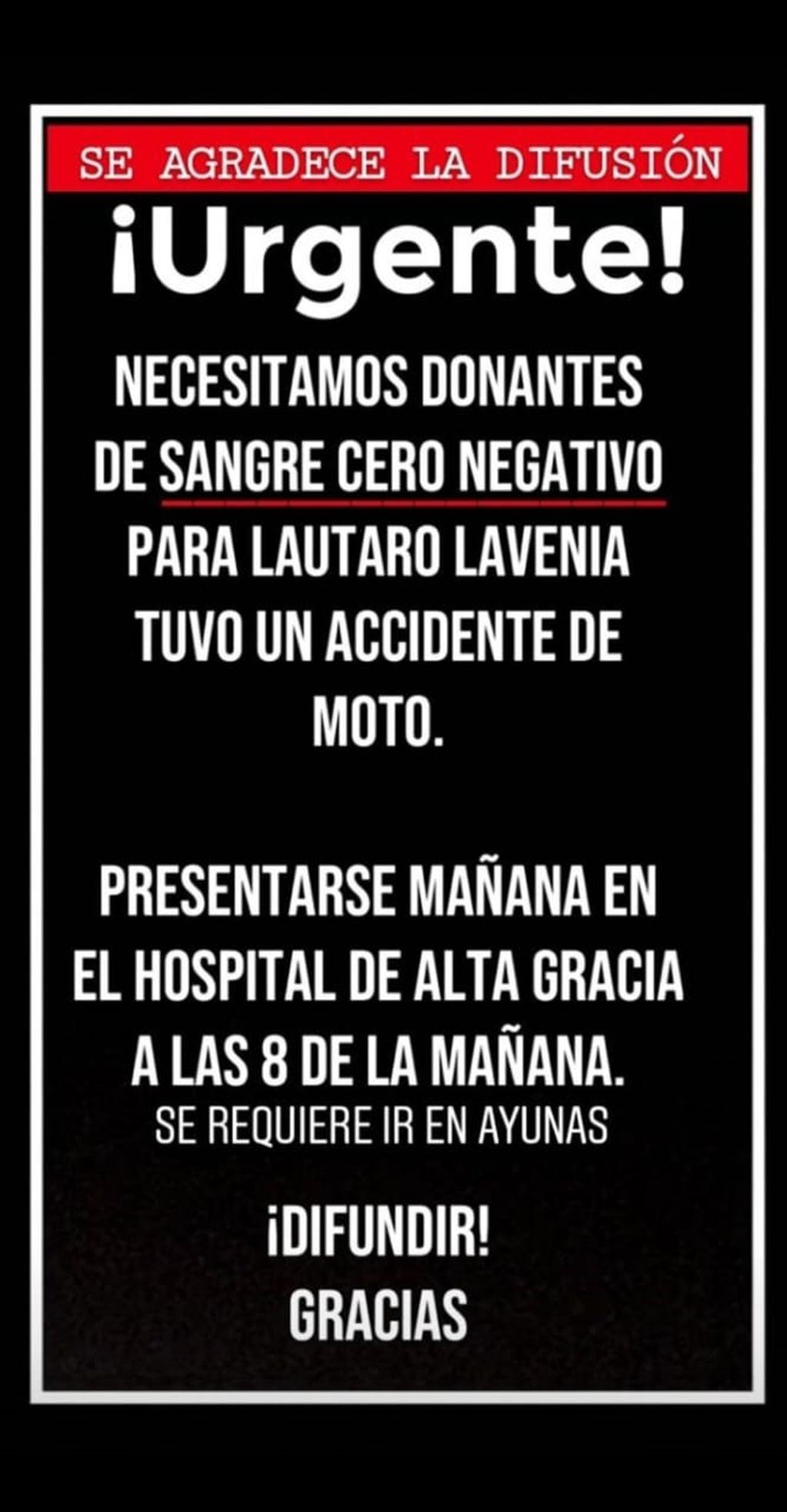 Alta Gracia: solicitan donantes de sangre para el joven que se accidentó sobre Ruta 5.