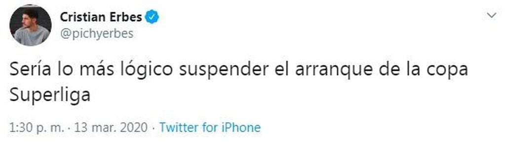 Cristian Erbes pidió la suspensión del torneo. (Twitter/@pichyerbes)
