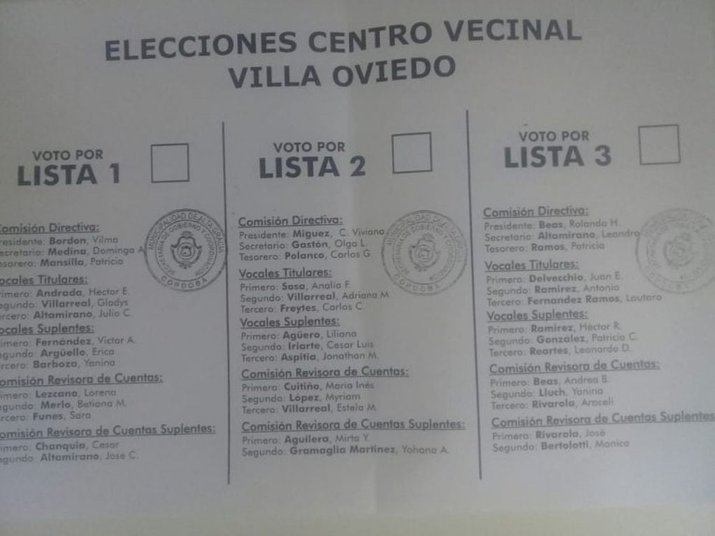 Listas que se presentaron en las elecciones del Centro Vecinal de Villa Oviedo.