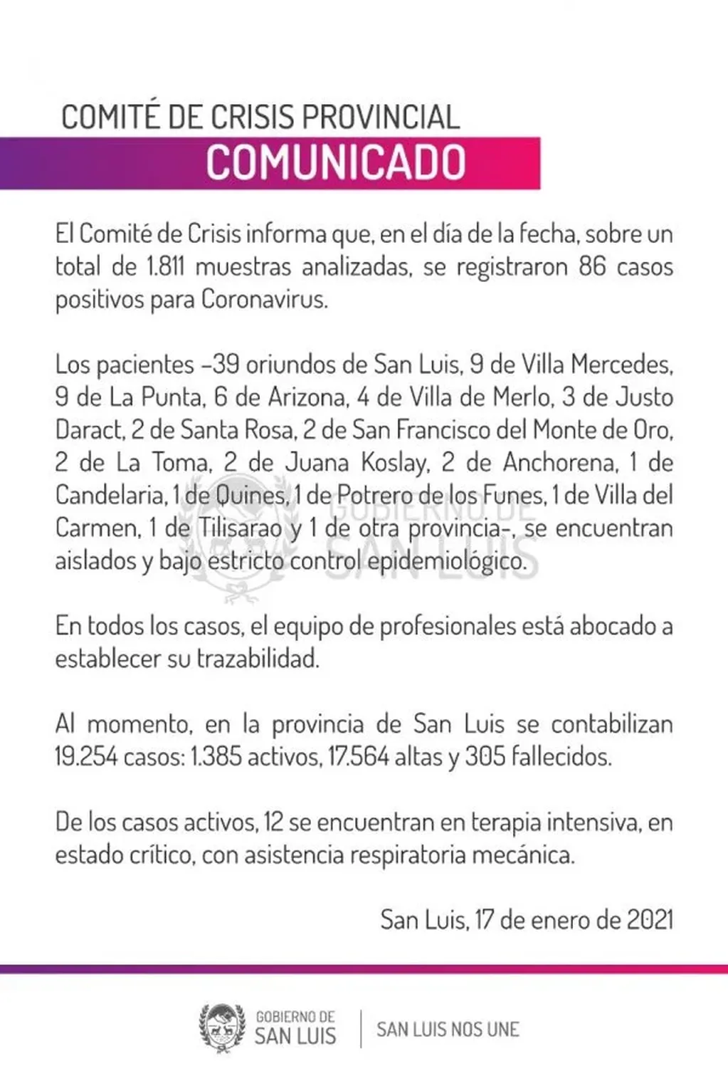 Reporte diario de coronavirus en San Luis.