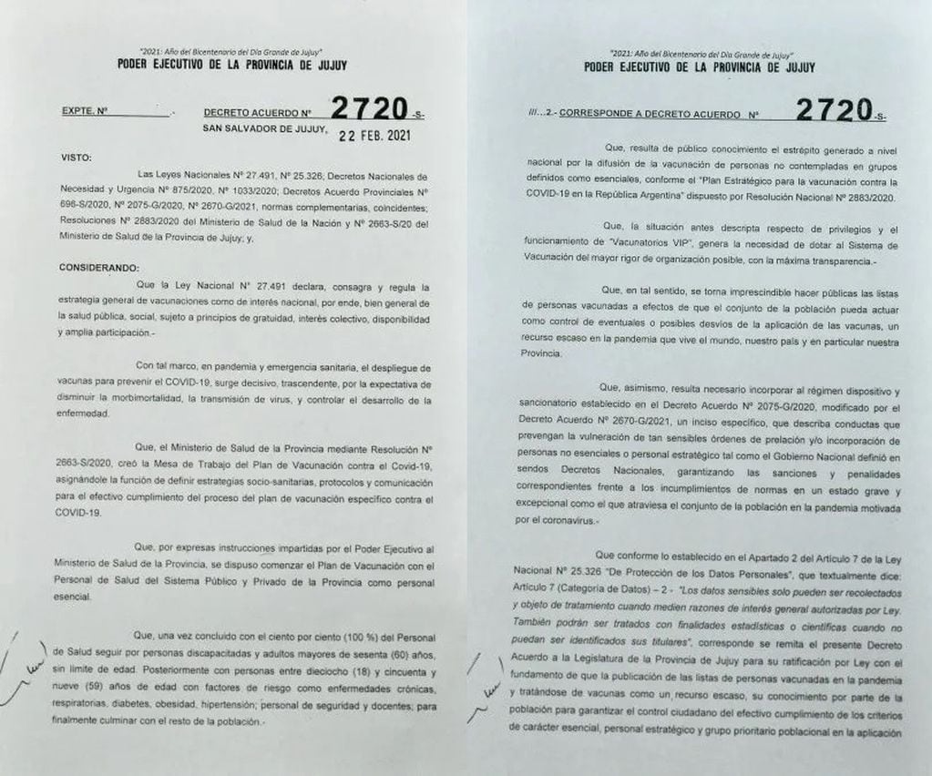 El decreto emitido por el Poder Ejecutivo  de Jujuy disponiendo que se publique la lista de personas vacunadas contra el Covid-19 en la provincia .