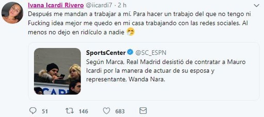 Ivana Icardi le respondió a Mauro en Twitter.(Twitter)