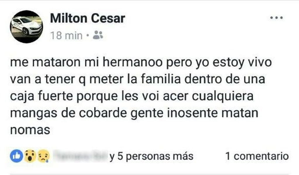 Milton Cesar, detenido en Piñero, juró venganza tras la muerte de su hermanastro. (Facebook)