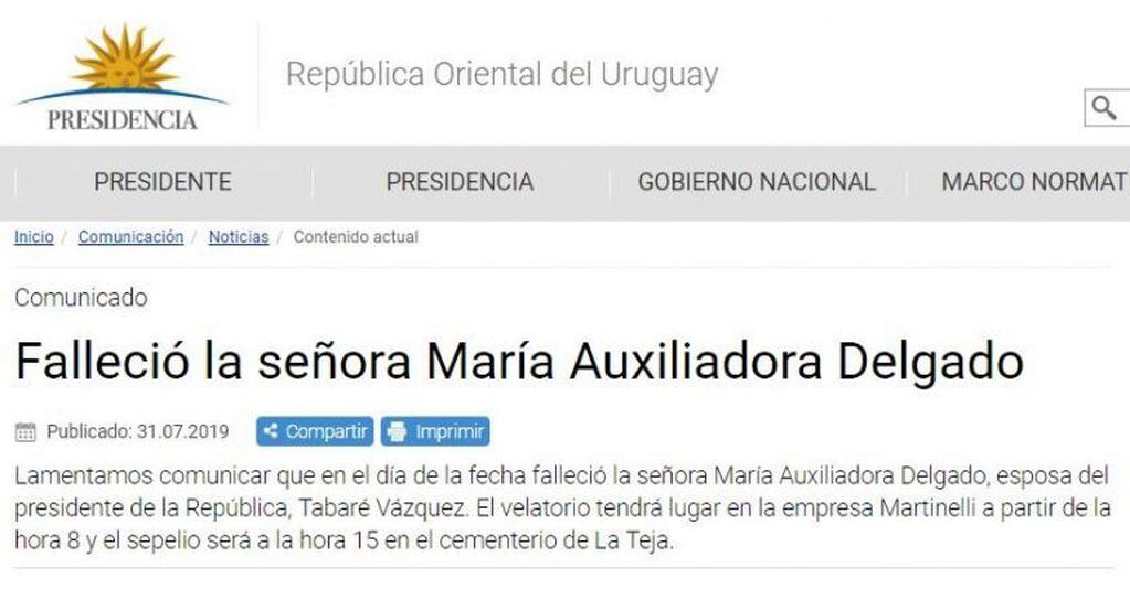 Murió María Auxiliadora Delgado, la mujer del presidente de Uruguay, Tabaré Vázquez (Captura www.presidencia.gub.uy)